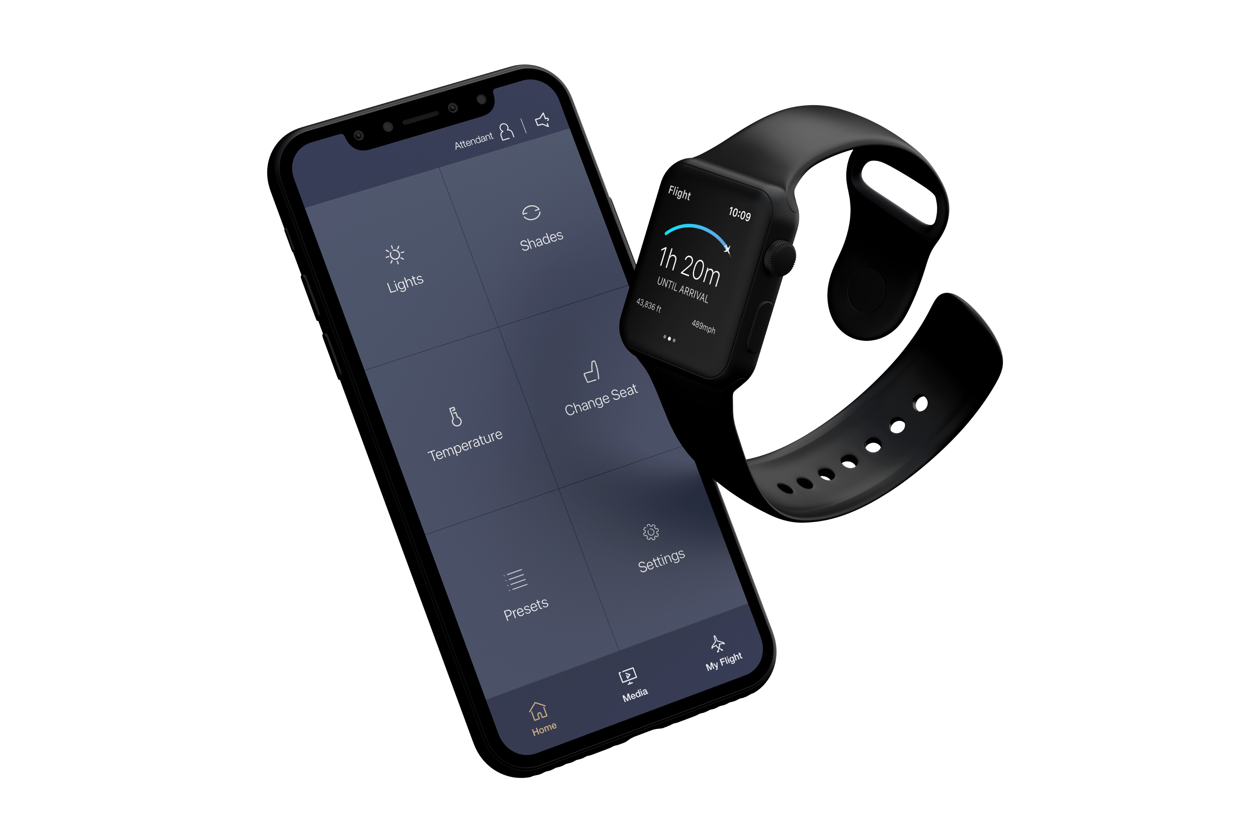 Gulfstream My Cabin — PCU iPhone showing cabin controls alongside Apple Watch