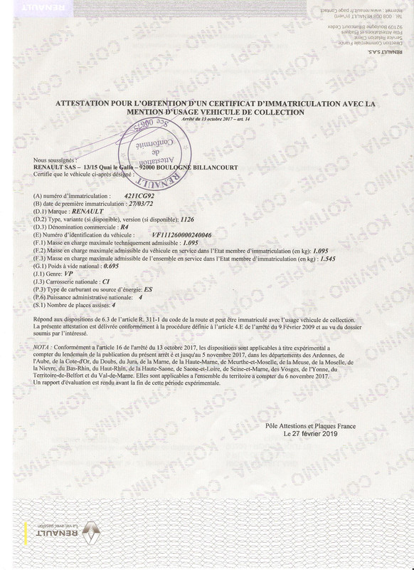 Attestation renault