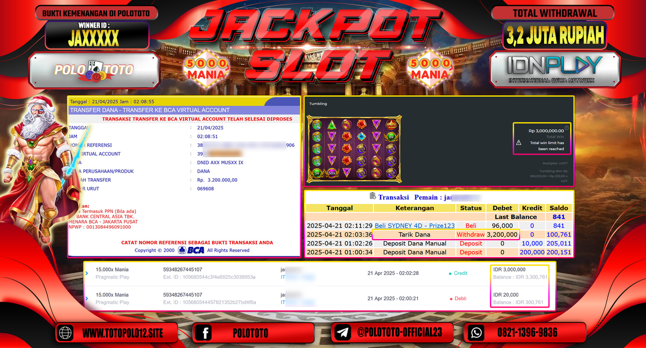 POLOTOTO JACKPOT SLOT 15.000X MANIA Rp.3.200.000,-