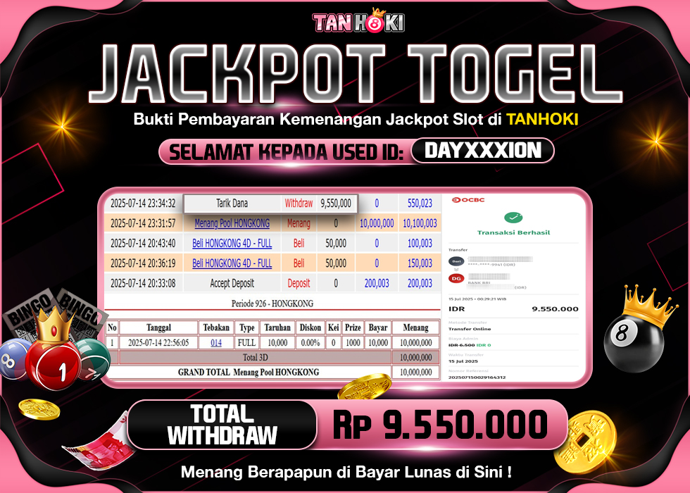 TANHOKI JACKPOT HONGKONG LOTTO Rp.9.550.000,- LUNAS