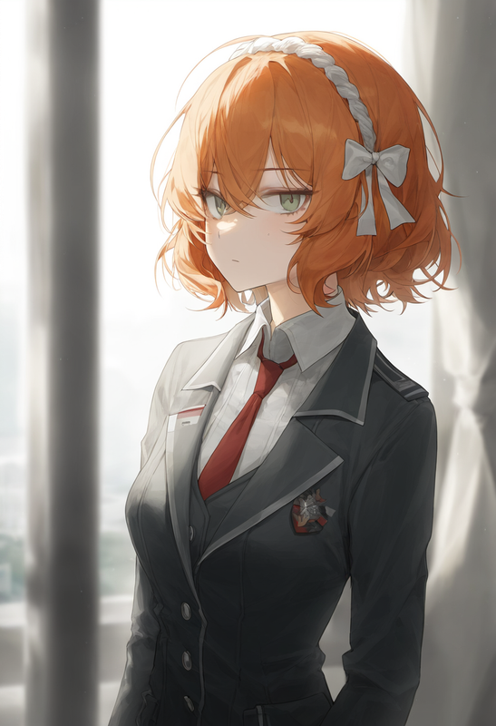 depth of field, 1girl, ishmael (limbus company), short hair, orange hair, {{gree s-426675591