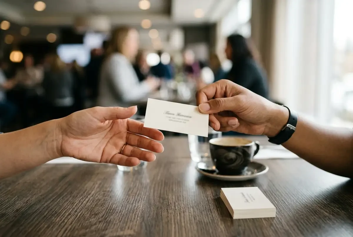 Handing over a printed business card at a networking event