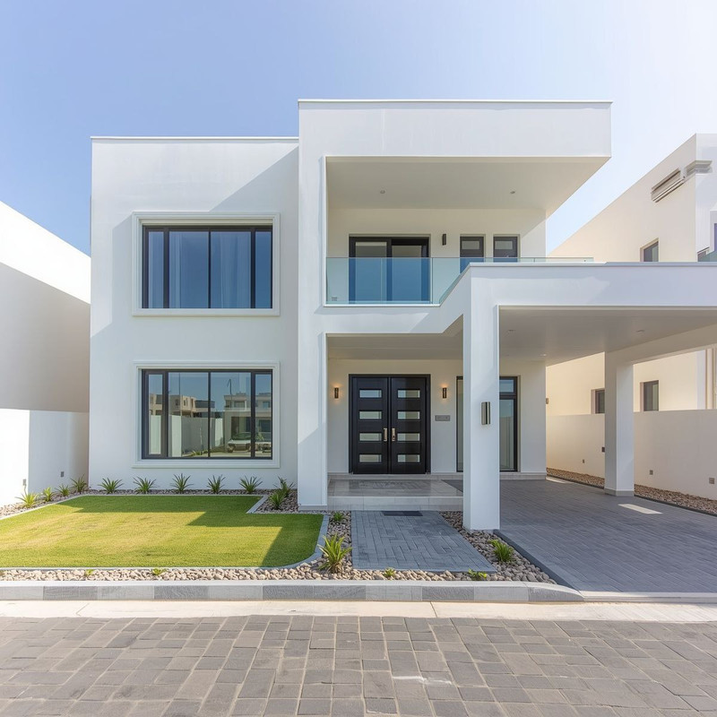 الواجهة الخارجية لإحدى الفلل الفاخرة في العامرة عجمان بتصميم عصري ضمن فلل للبيع في عجمان تجمع بين الفخامة والراحة.