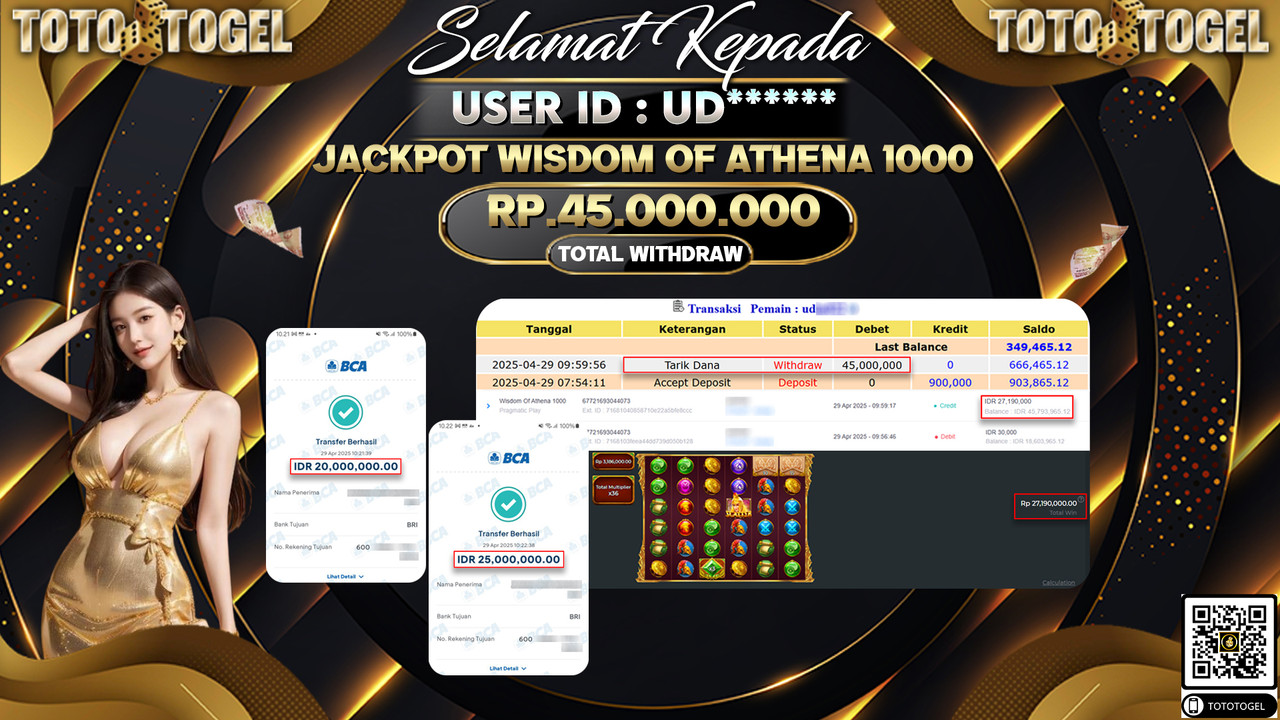Bukti Pembayaran Jackpot  Permainan Slot Wisdom Of Athena 1000 ID:UD***** LUNAS