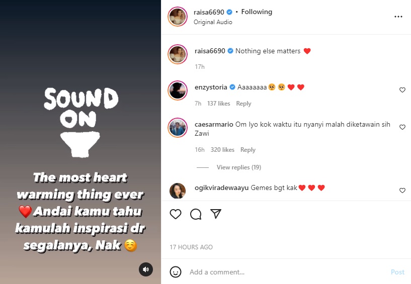 Raisa mengunggah pujian mengharukan dari Zalina Raine Willye untuk karya terbarunya.