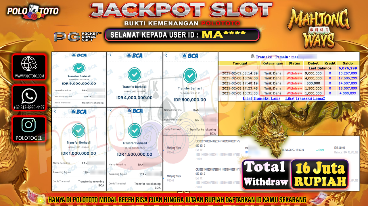 POLOTOTO JACKPOT SLOT MAHJONG WAYS Rp.16,000.000,-