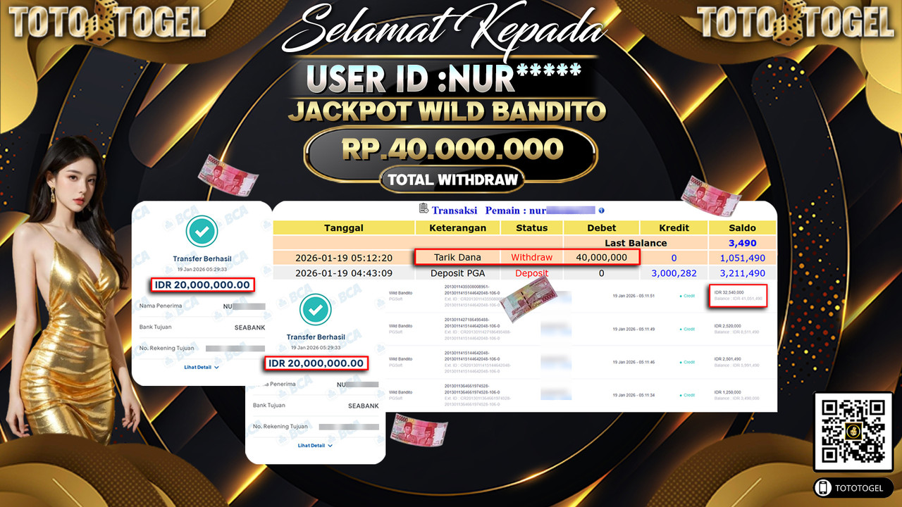 Bukti Pembayaran Jackpot Permainan Slot Wild Bandito ID:NUR*****LUNAS