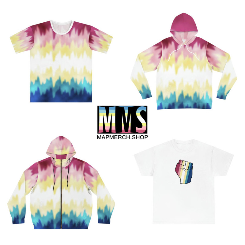 Tee shirts and hoodies with some really ugly fake tie dye in the colors of the pedophile pride flag