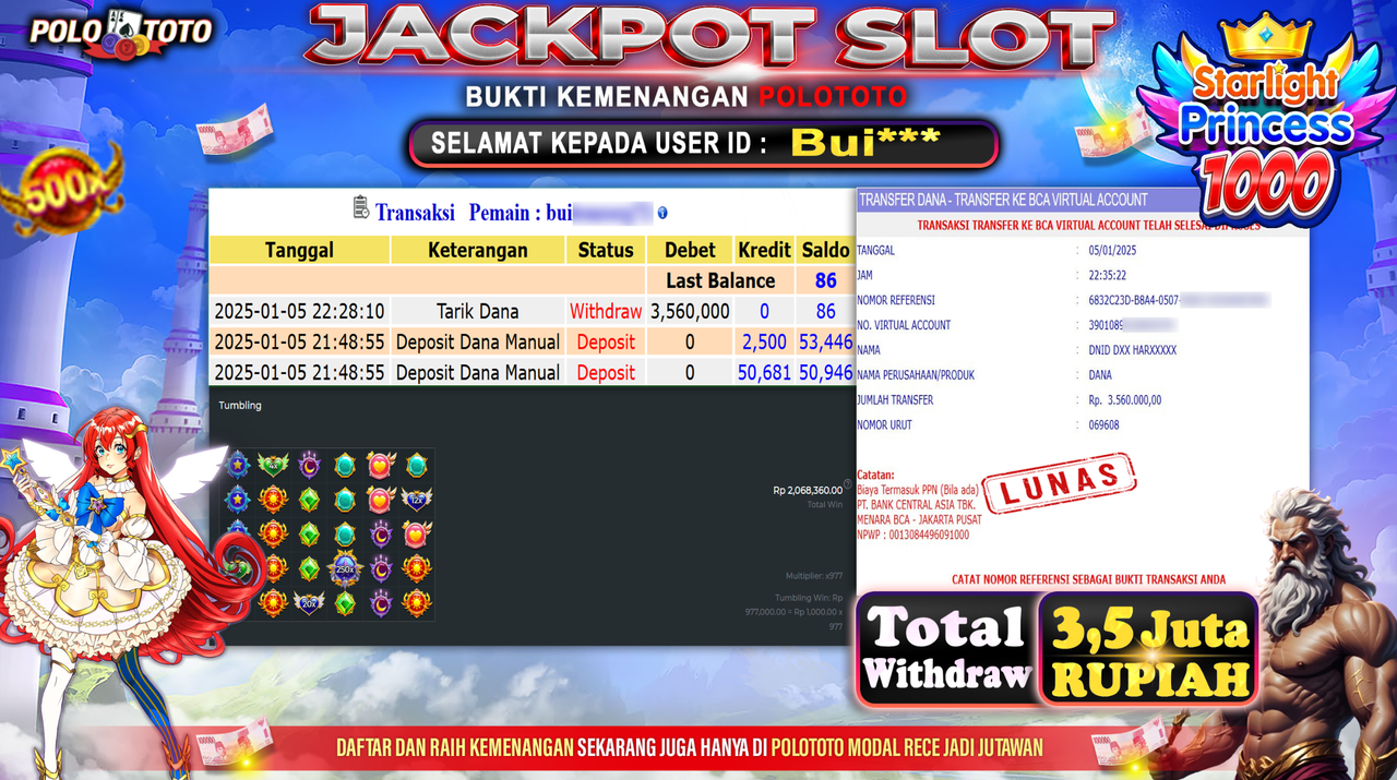 POLOTOTO JACKPOT SLOT STARLIGHT PRINCESS 1000 Rp.3,560.000,-