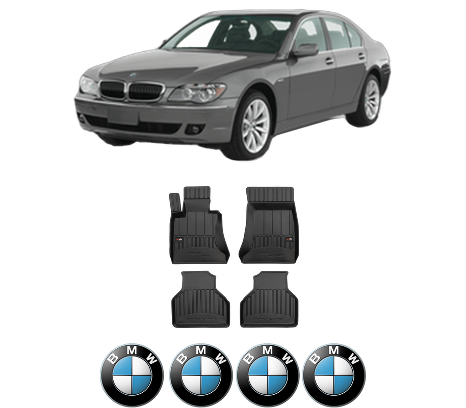 Set covorase presuri BMW Seria 7 (E65, E66, E67) din 2001-2009, auto, din cauciuc thermoplastic, 4 Stickere auto cu BMW Seria