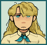 a bust of tommy from the fic butterfly reign, fic written by silentteyz and art done by wadd3i. it shows tommy with a sullen and tired look, staring towards the camera. he has long fluffy hair that goes down his back and bangs in front of his left eye, an off white button up, and a teal bow. the drawing is simple with minimal shading, a light teal background, and has a dark teal border around the edges. it has been resized to be smaller