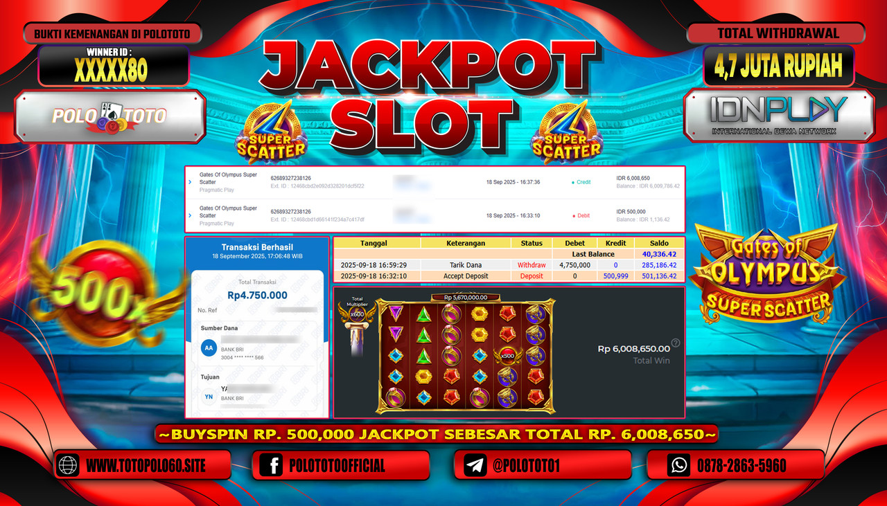 POLOTOTO JACKPOT SLOT GATES OF OLYMPUS SUPER SCATTER Rp.4.700.000,- LUNAS