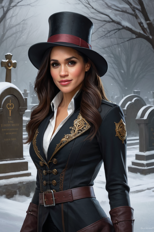 524186212 meghan markle steampunk vampire hunter in a graveyard at night 0015