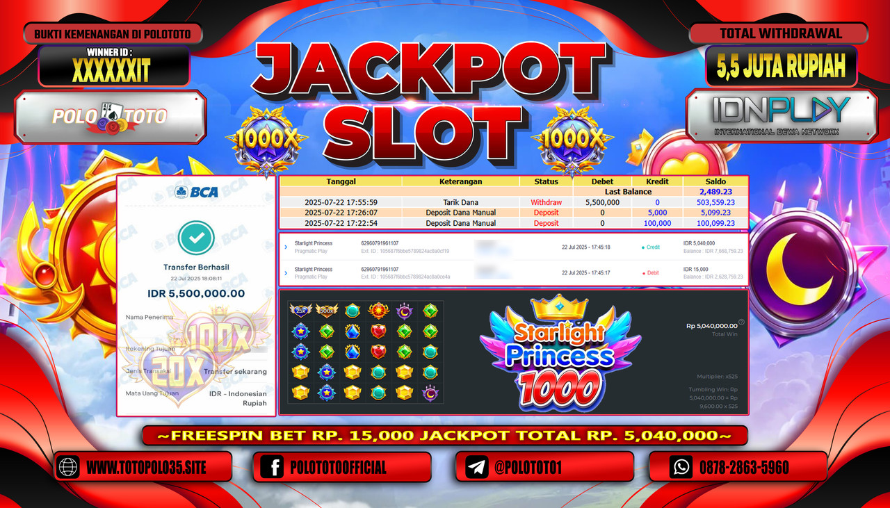 POLOTOTO JACKPOT SLOT STARLIGHT PRINCESS 1000 Rp.5.500.000,- LUNAS