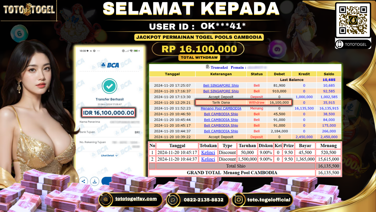 Bukti Pembayaran Jackpot Permainan Togel Pools Cambodia  ID: CH***Q LUNAS 