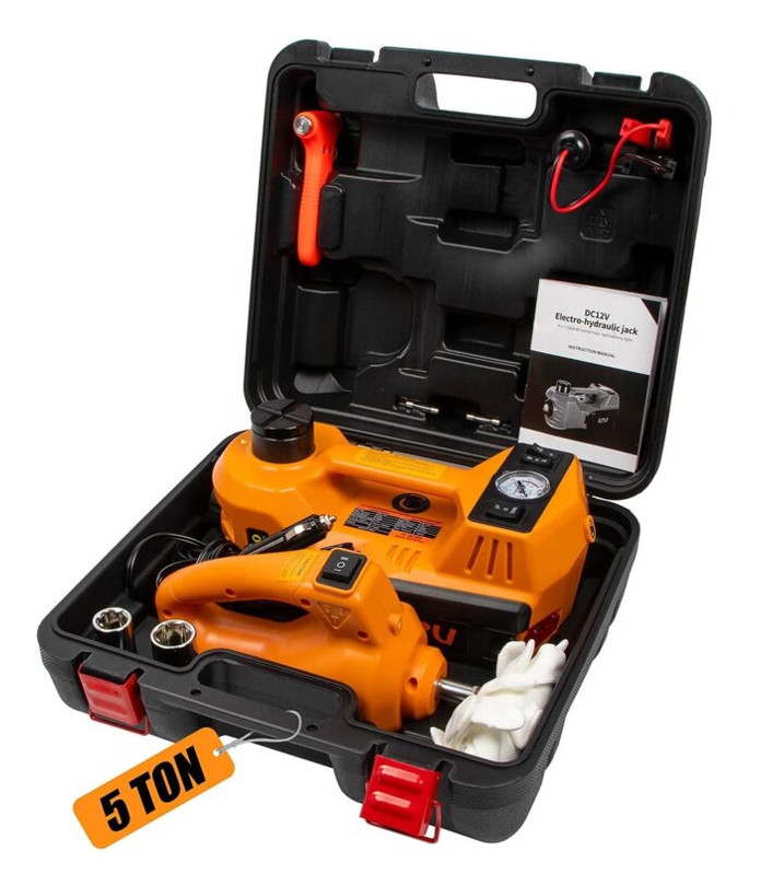 Gato hidráulico eléctrico levantando un SUV en la carretera