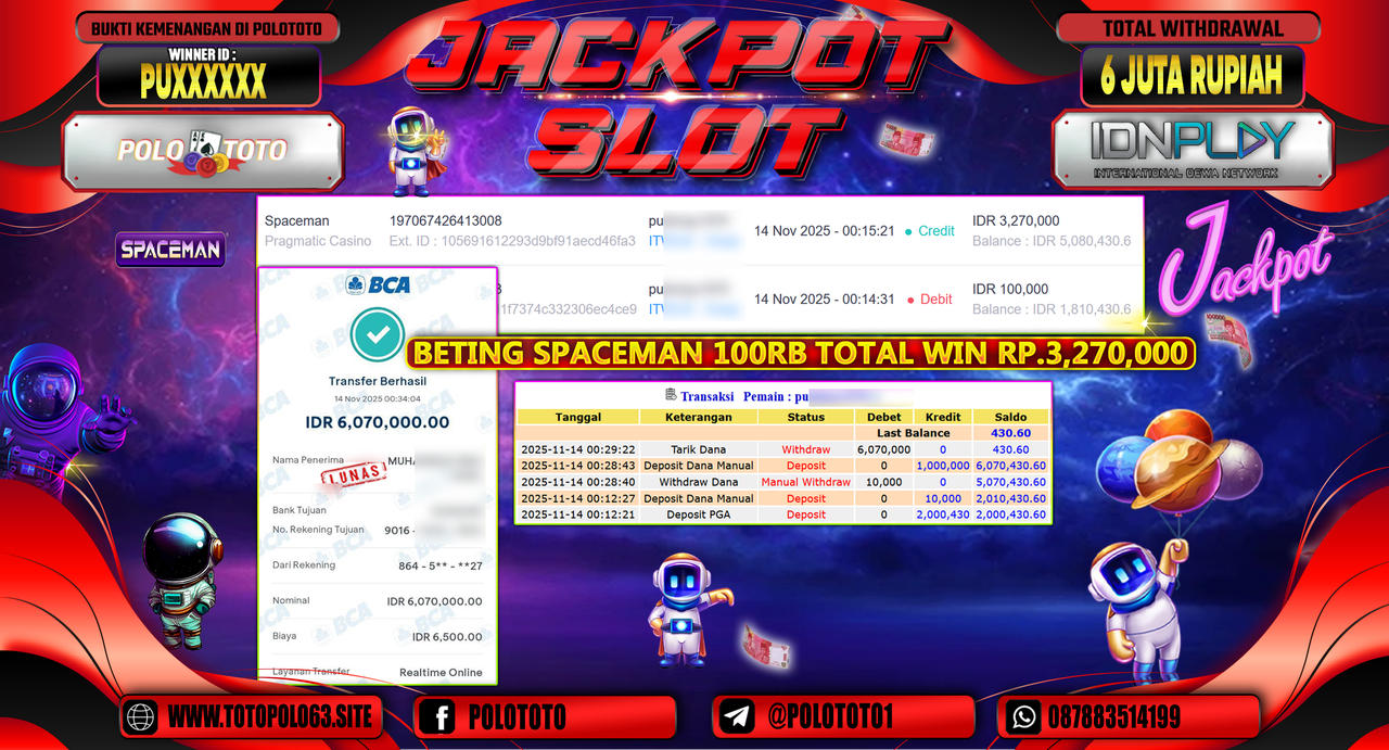 POLOTOTO JACKPOT SLOT SPACEMAN Rp.6.000.000,- LUNAS
