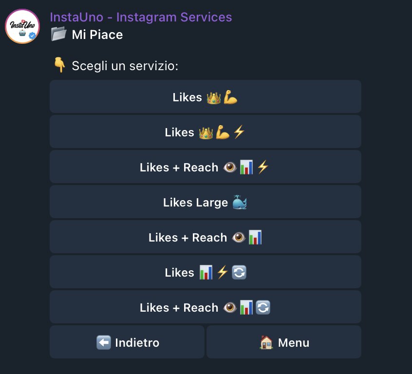 Menu servizi Like Instagram su Telegram