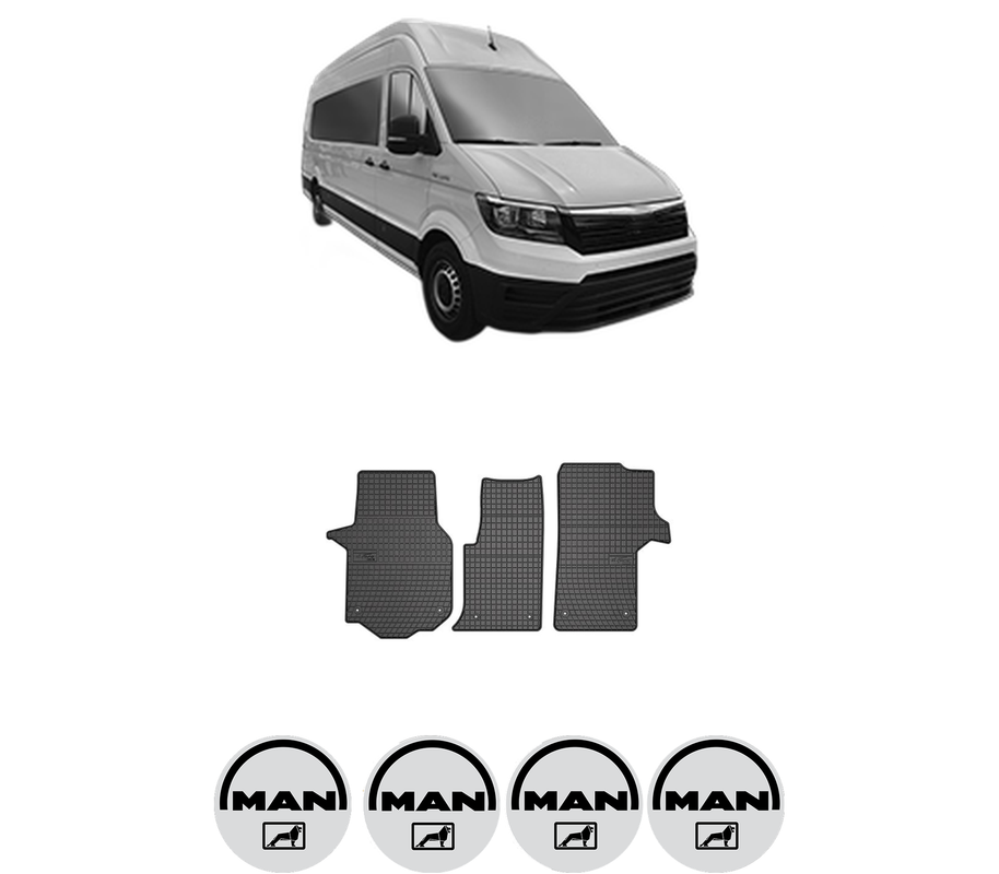 Set covorase presuri MAN TGE Bus din 2017-2024, auto, din cauciuc thermoplastic, 4 Stickere auto cu MAN