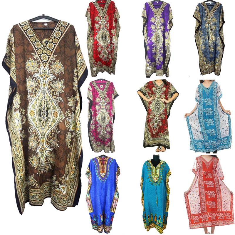 Long Mix Print Kaftan Wholesale Women One Size Maxi Dress Beach Caftan Poncho
