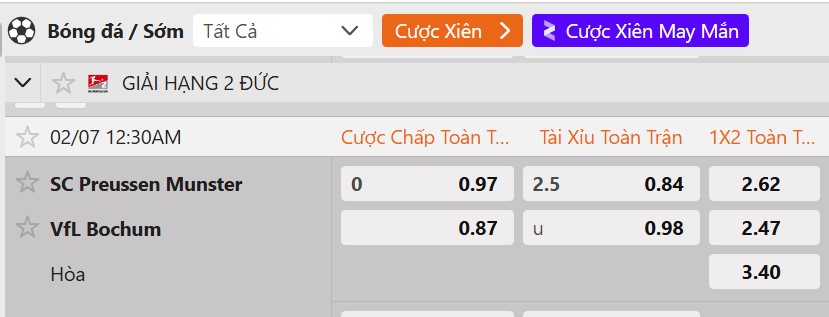 Tỷ lệ kèo Preuben Munster vs VfL Bochum