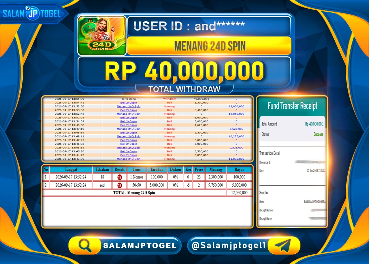 SALAMJPTOGEL JACKPOT MENANG LIVEGAMES MENANG 24D SPIN Rp.40,000,000 - LUNAS
