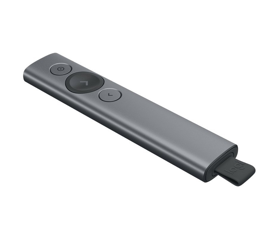 Presentador Logitech Spotlight junto a su receptor USB.