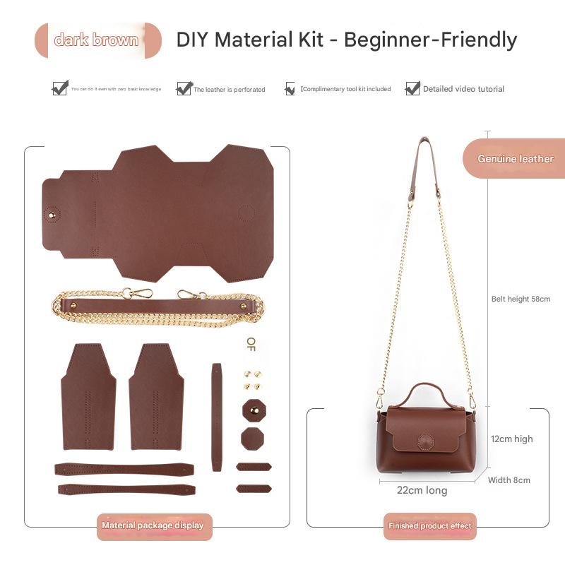 Dark brown Leather Bag DIY Kit – Geometric Shoulder Bag Making Material Set with Pre-Punched Cowhide, Tools for Hand Stitching