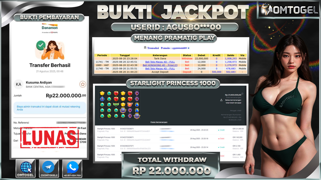 OMTOGEL JACKPOT PRAGMATIC PLAY STARLIGHT PRINCESS 1000 22 JUTA DI BAYAR LUNAS ,-