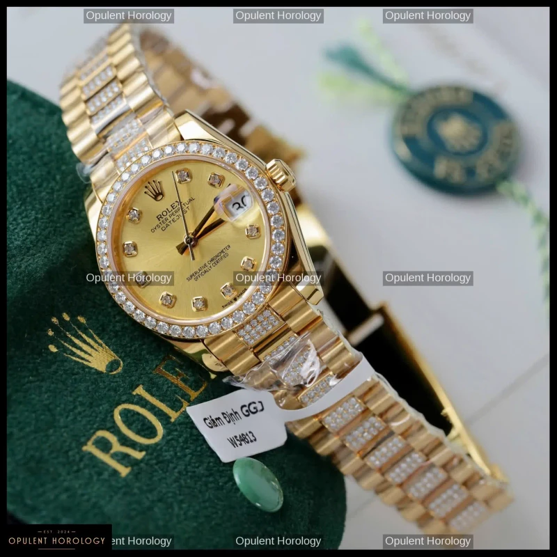 Rolex Datejust Women's Gold Dial Custom Gold Plated Moissanite 31mm - Super Clone