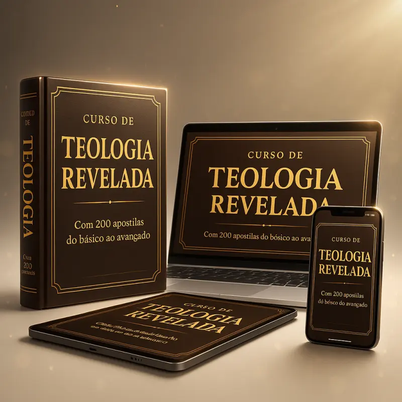 Mockup 3D premium do curso Teologia Revelada em diversos dispositivos
