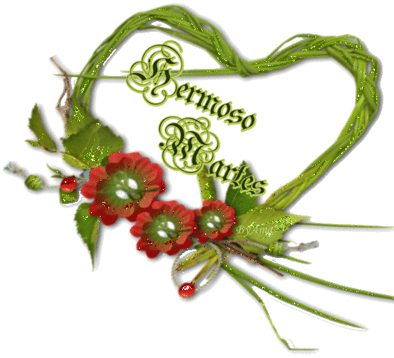 Corazón de Juncos Verdes con Flores Rojas  Martes