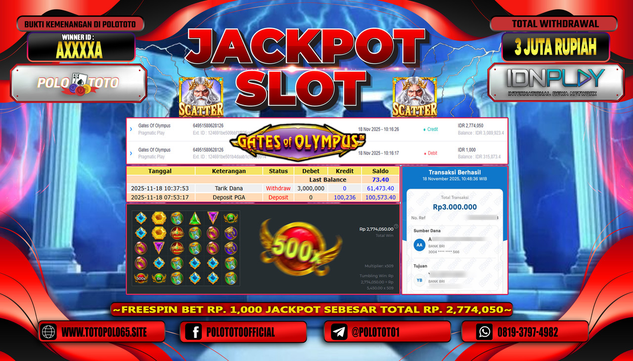POLOTOTO JACKPOT SLOT GATES OF OLYMPUS Rp.3.000.000,- LUNAS