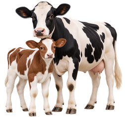 A cow and her calf on a farm cared for by Critters Perk