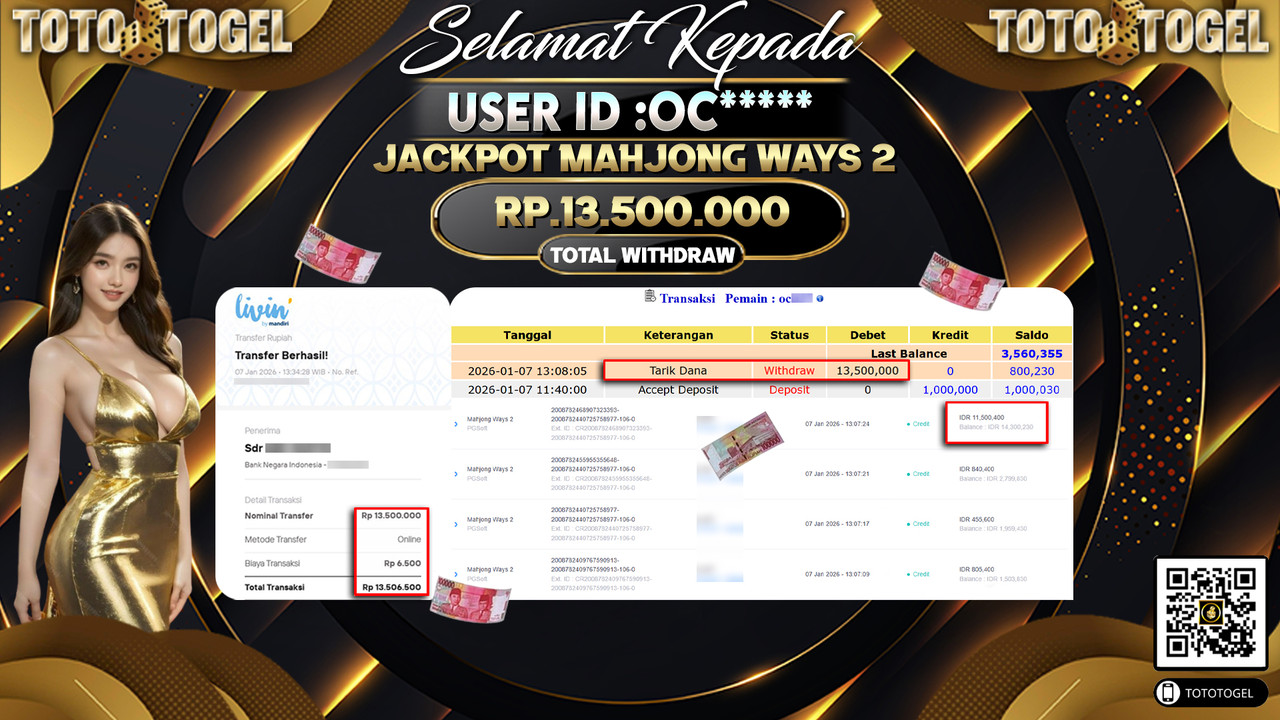 Bukti Pembayaran Jackpot Permainan Slot Mahjong Ways 2 ID:OC**** LUNAS