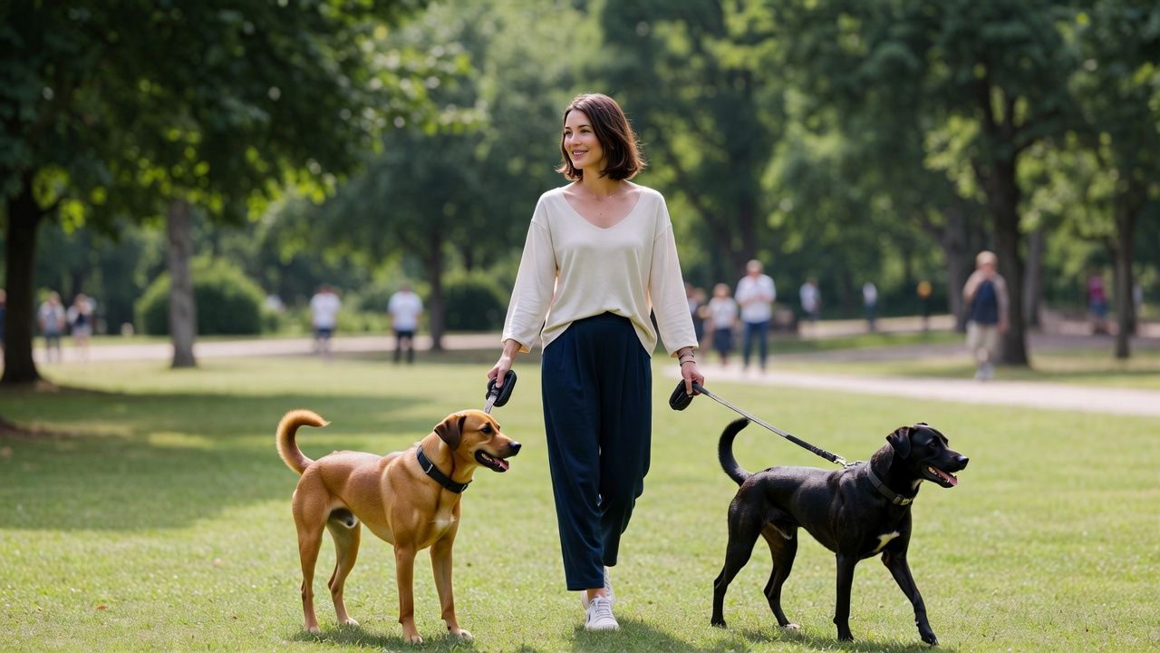A woman walking two dogs in a park, illustrating a pet-related side hustle.