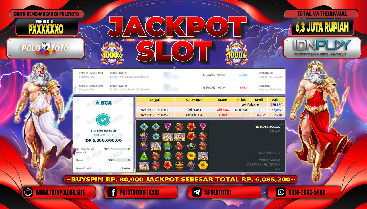 POLOTOTO JACKPOT SLOT GATES OF OLYMPUS 1000 Rp.6.300.000,- LUNAS
