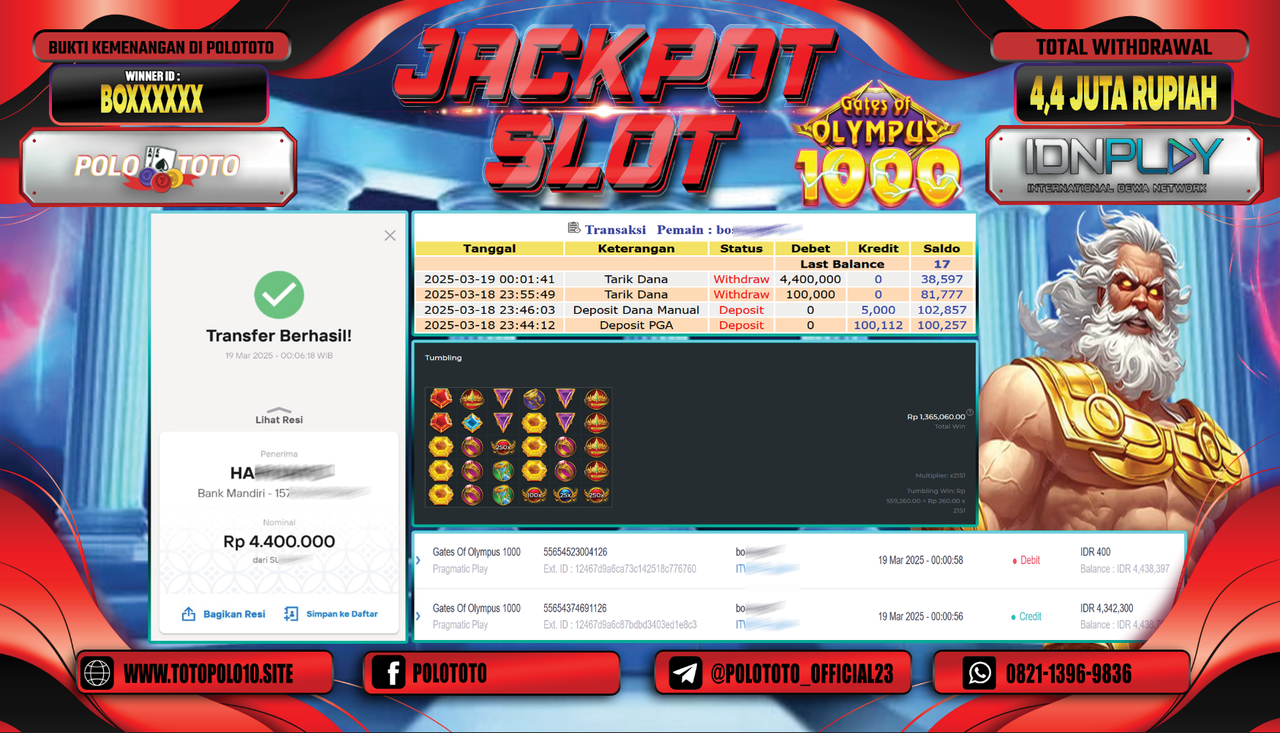 POLOTOTO JACKPOT SLOT GATES OF OLYMPUS 1000 Rp.4.400.000,-