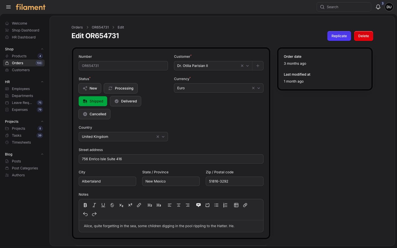 Stature Theme Shop order record page in dark mode