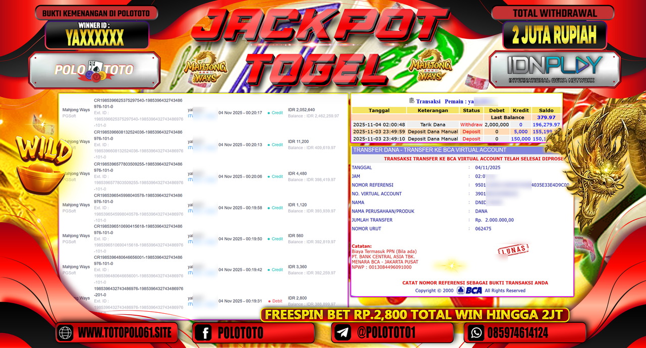 POLOTOTO JACKPOT SLOT MAHJONG WAYS Rp.2.000.000,- LUNAS