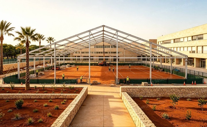 Aluminum frame assembly of A-Frame Tennis Tent showing modular connection system