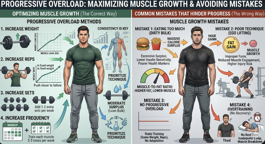 Infographic showing progressive overload methods including adding weight, increasing reps, adding sets, and reducing rest time, explaining muscle growth mistakes