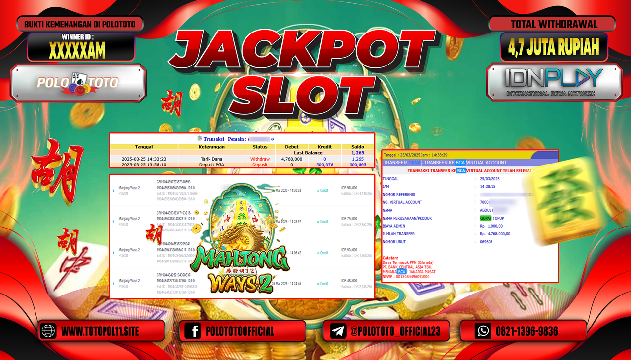 POLOTOTO JACKPOT SLOT MAHJONG WAYS 2 Rp.4.768.000,-