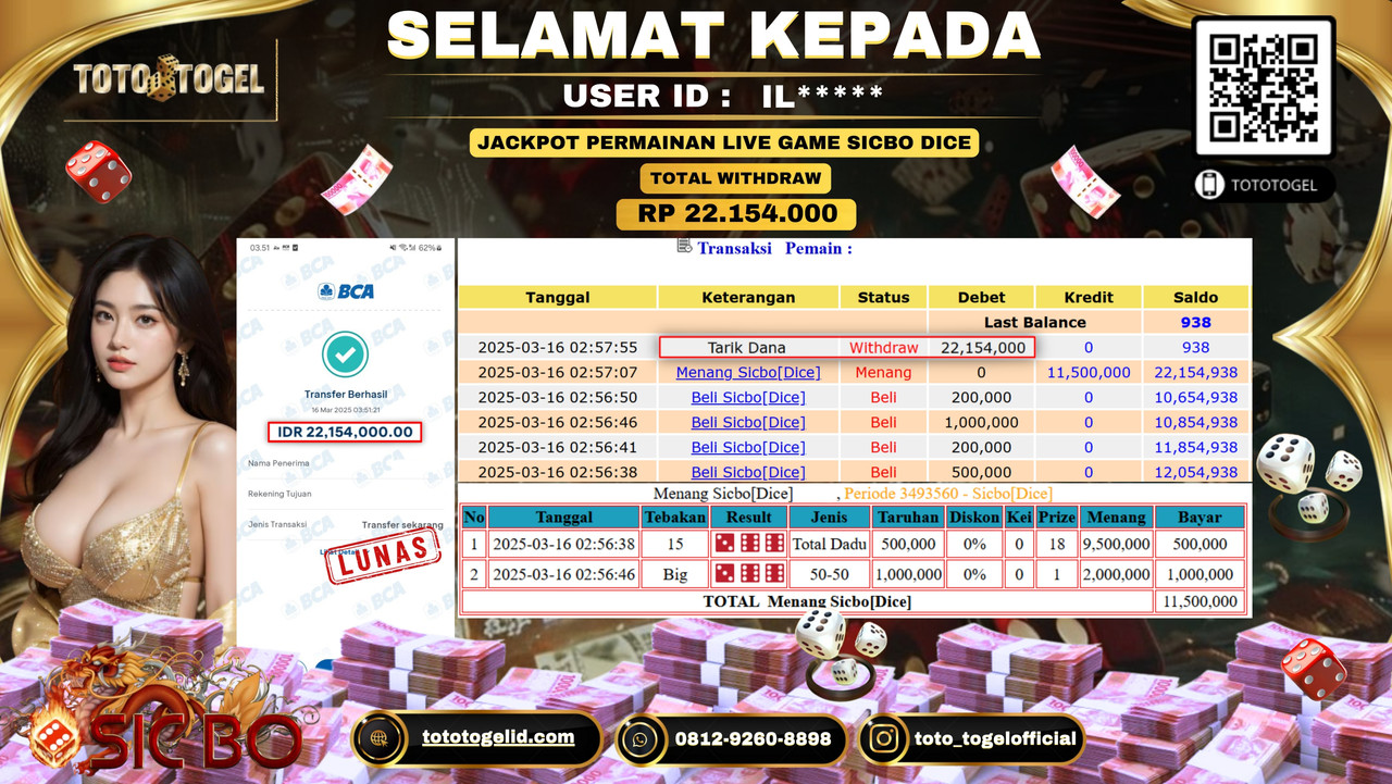 Bukti Pembayaran Jackpot  Permainan Live Game Sicbo Dice ID:IL***** LUNAS