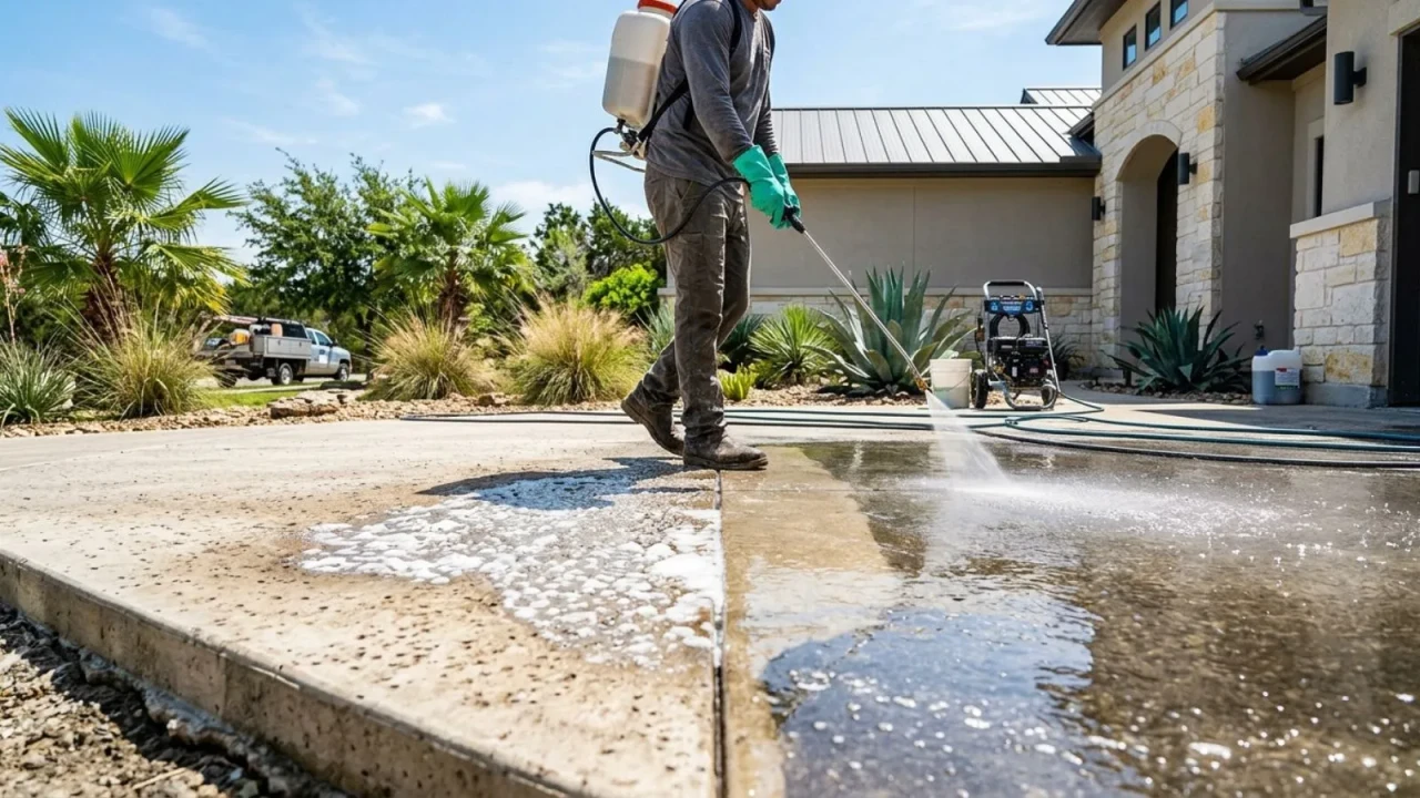 Concrete surface being acid-etched and cleaned prior to staining in San Antonio