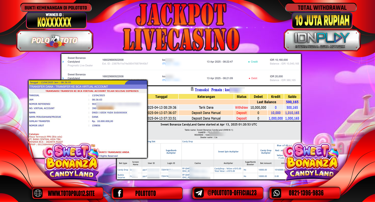 POLOTOTO JACKPOT LIVE CASINO SWEET BONANZA CANDYLAND Rp.10.000.000,-