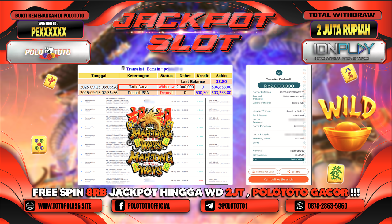 POLOTOTO JACKPOT SLOT MAHJONG WAYS Rp.2.000.000,-