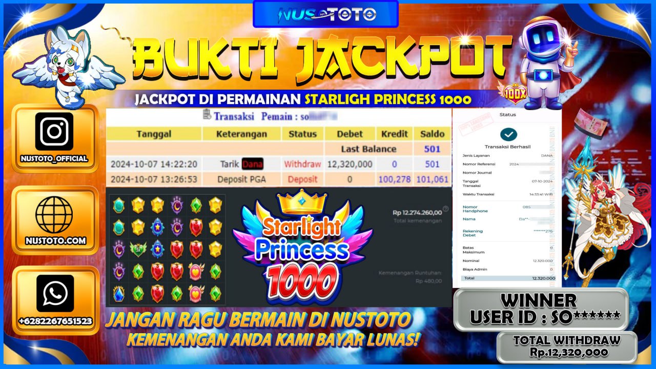 JACKPOT !! MENANG BESAR DI SLOT STARLIGHT PRINCESS  1000 Rp. 12.320.000 LANGSUNG DI BAYAR LUNAS NUSTOTO !!