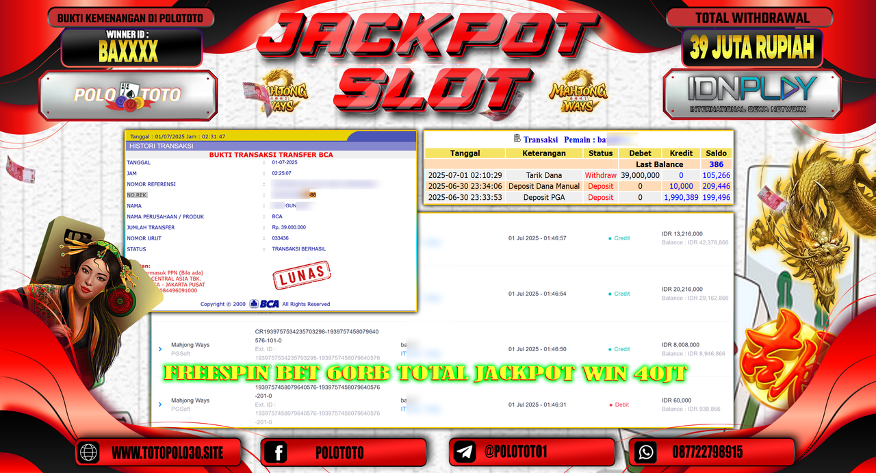 POLOTOTO JACKPOT SLOT MAHJONG WAYS Rp.39.000.000,- LUNAS