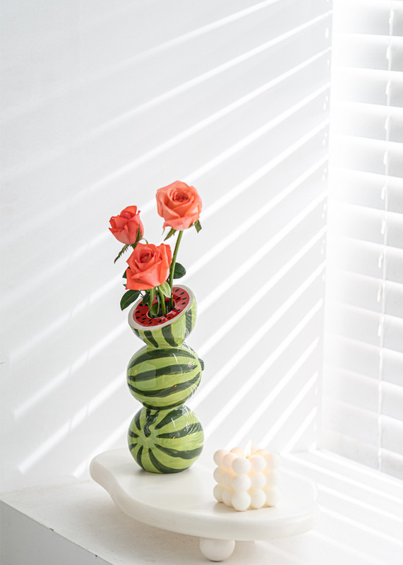Green and Red Whimsical Stacked Watermelon Ceramic Vase - Novelty Tabletop